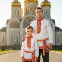 Рубаха Обряд, белый лен с красным